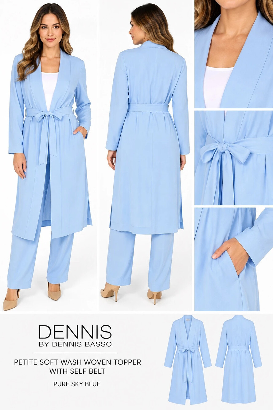 dennis by dennis basso petite soft wash woven topper with self belt sky blue siz